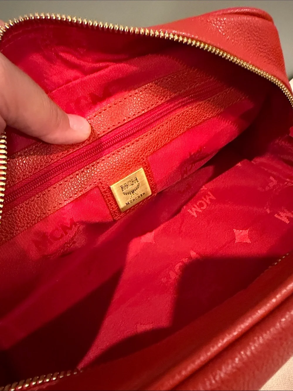MCM Red Leather Satchel with Gold Hardware